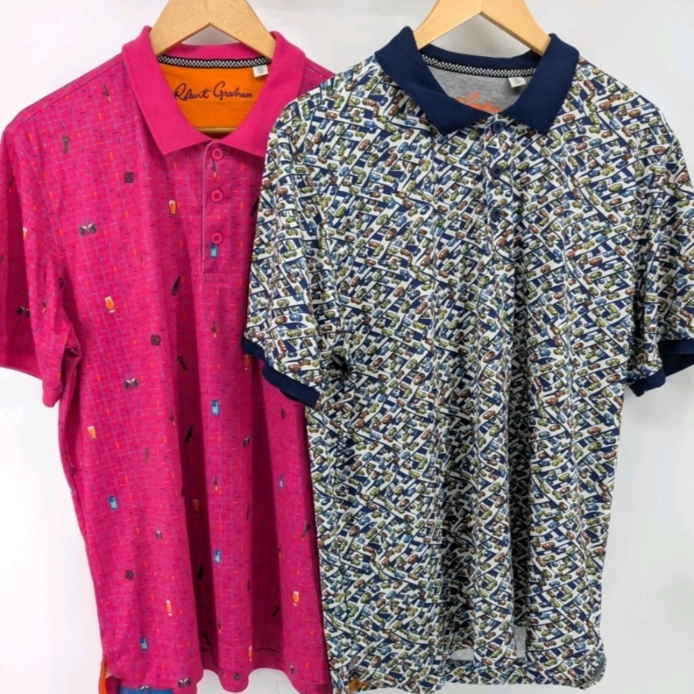 Robert Graham Polo Shirt Classic Fit XL Lot Of 2 Pink Beer Pretzel Cars Road